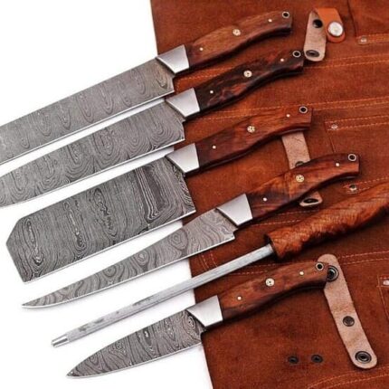 Custom Made Damascus handmade 6pcs Chef set With Leather kit